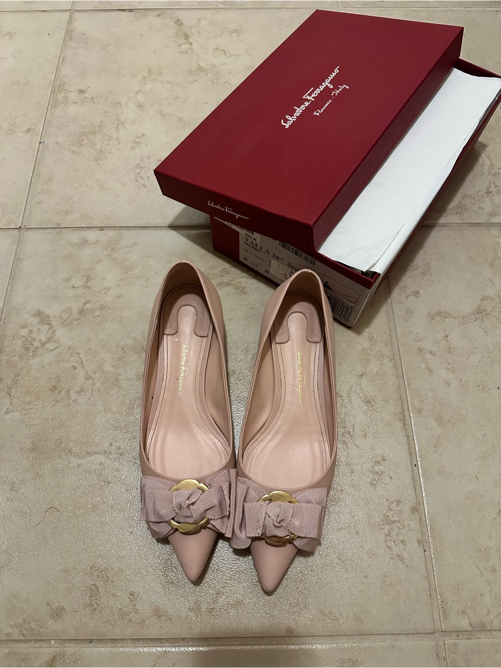 Salvatore Ferragamo Blush Bow Pointed Toe Flats With Gold Accent